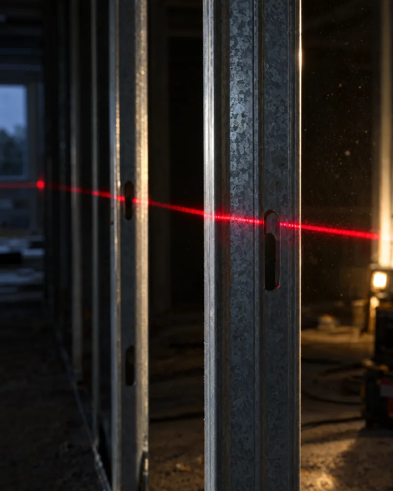 Rote Laserlinie auf Metallprofilen einer Trockenbauwand