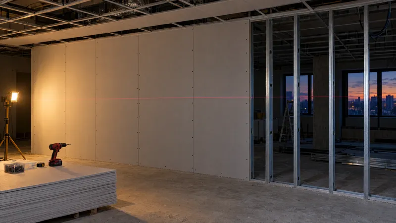 Neue Trockenbauwand aus Gipskarton auf Metallständern, darüber eine abgehängte Decke