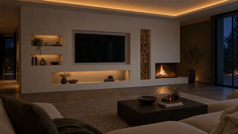 Wohnwand aus Trockenbau mit Fernsehernische, Dekonischen und Brennholzfach neben einem Kamin