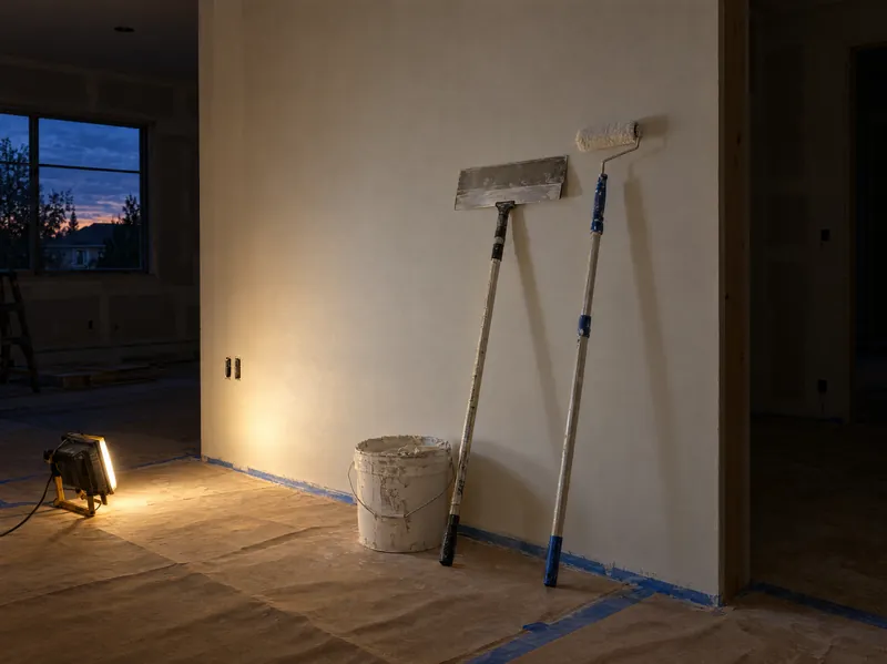 Frisch gespachtelte weiße Wand mit Glättkelle und Farbrolle
